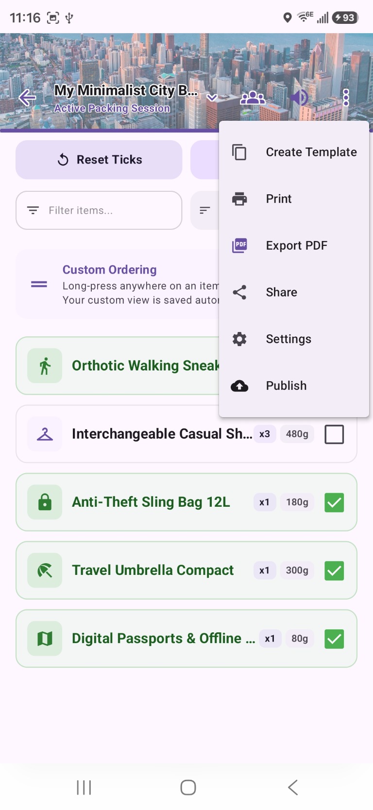 Checklist options menu