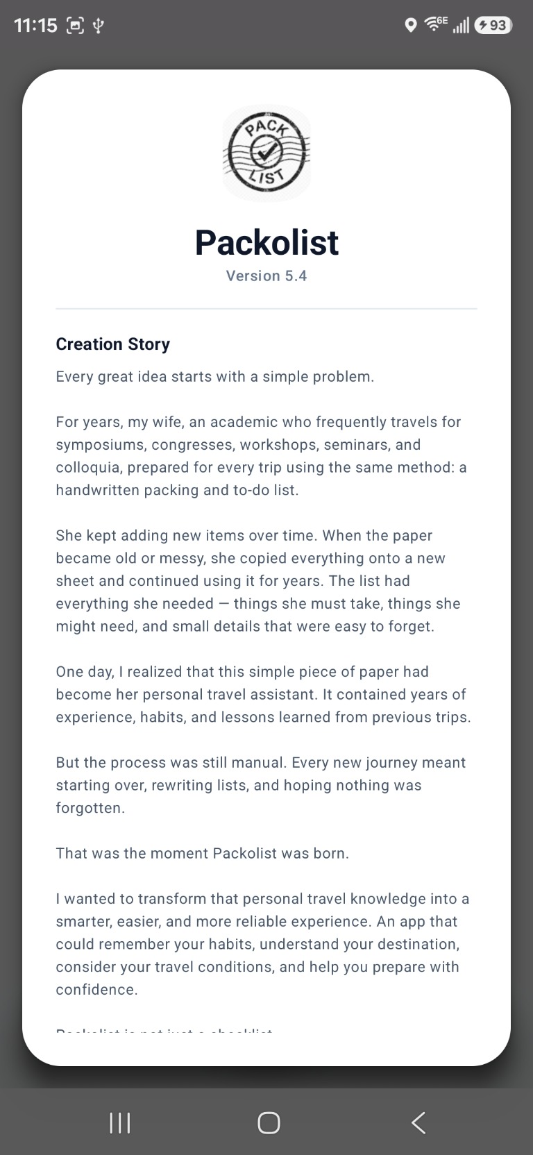 Packolist creation story screen