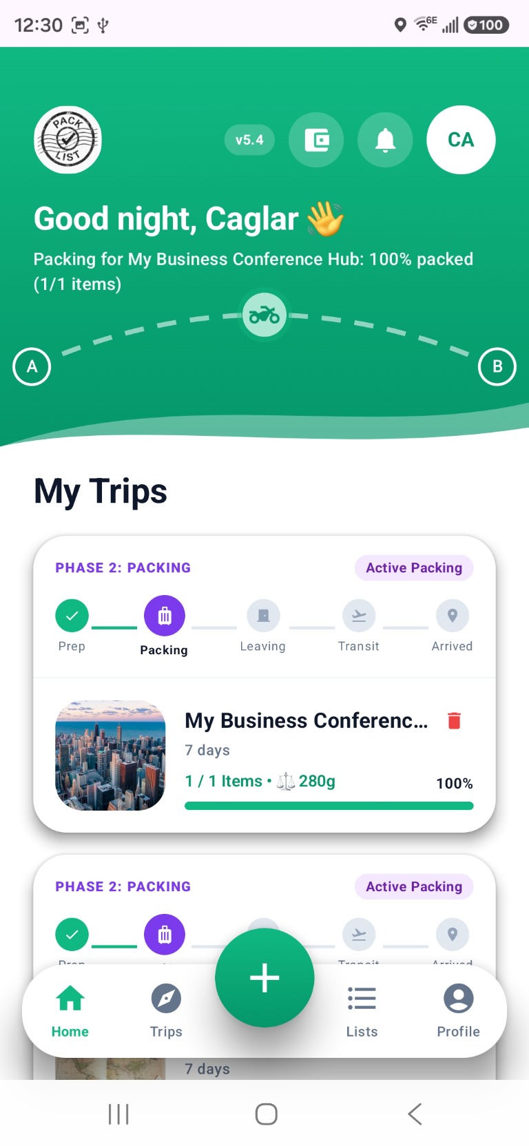 Packolist Home screen with My Trips and packing progress