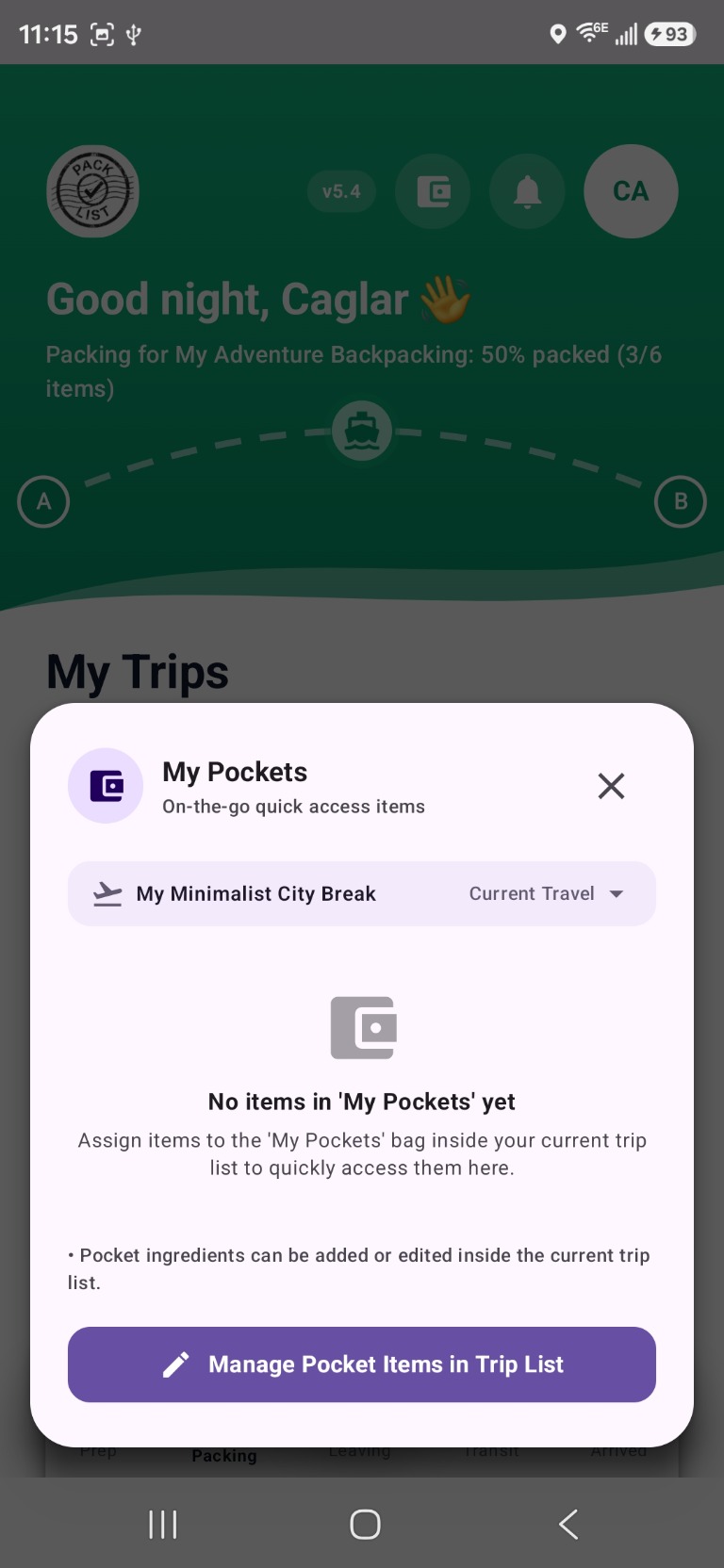 My Pockets quick access in Packolist