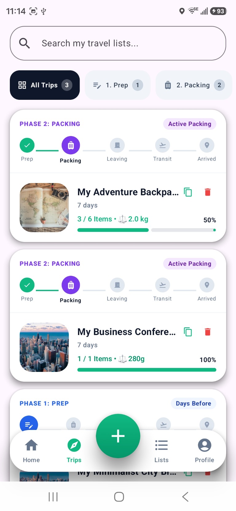 Trips list with phases